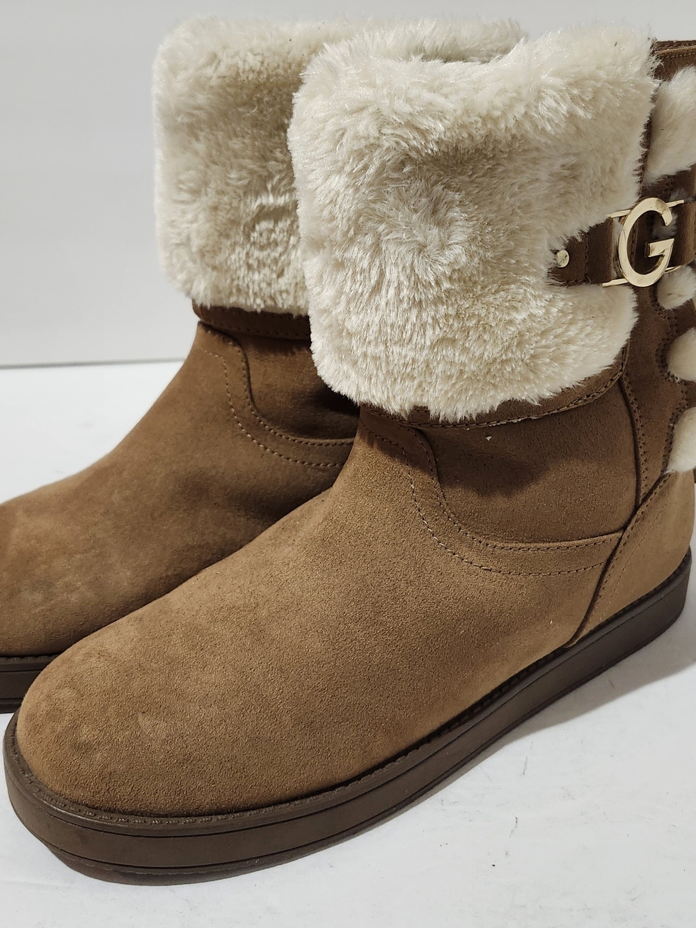 G By Guess Chestnut Suede Ankle Boots with Cream Faux-Fur Cuff